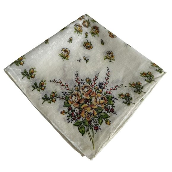 Accessories - Vintage Womens Floral Handkerchief Yellow Roses  Delicate Green Accents Cotton B